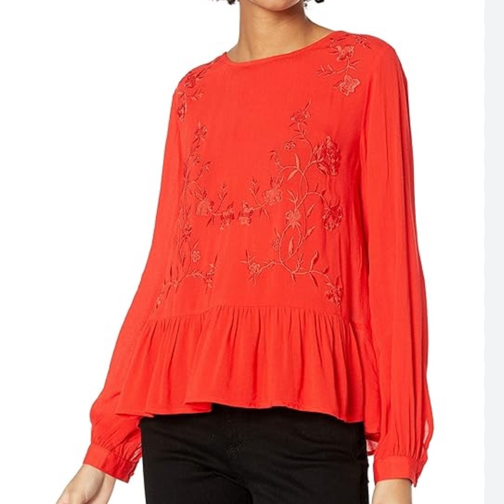 LUCKY BRAND Red Embroidered Floral 100% Viscose Ruffle Long Sleeve Blouse Sz SM